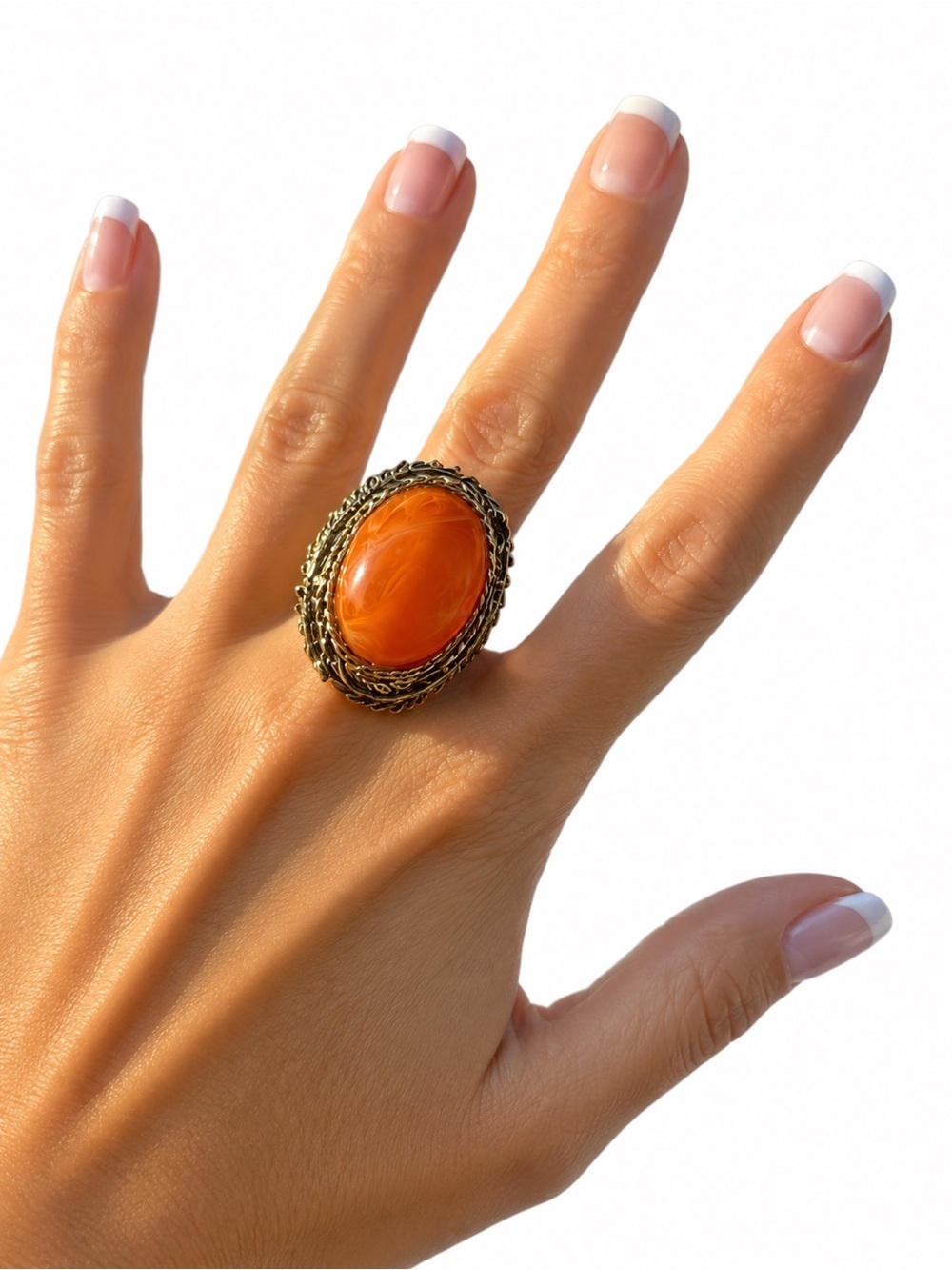 Vintage Goldtone Orange Cabochon Adjustable Statement Ring
